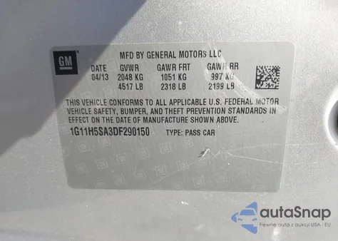 2013 Chevrolet Malibu 1Lz из США, поврежденный, VIN 1G11H5SA3DF290150